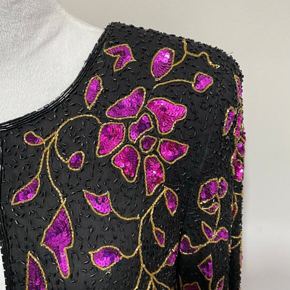 Vintage Sequin Jacket Size Medium Fuchsia Pink Floral Print on Black Silk - Picture 4 of 10